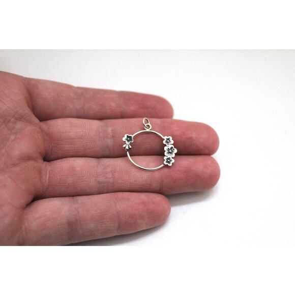 Sterling Silver Circle Charm with Cherry Blossoms - Picture 1 of 5